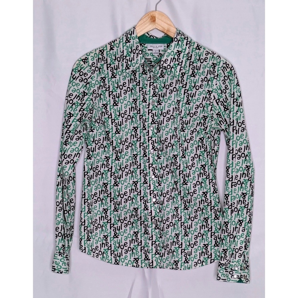 Paul & Joe for Target Button Front Shirt Large Logo Print Stretch Cotton Green